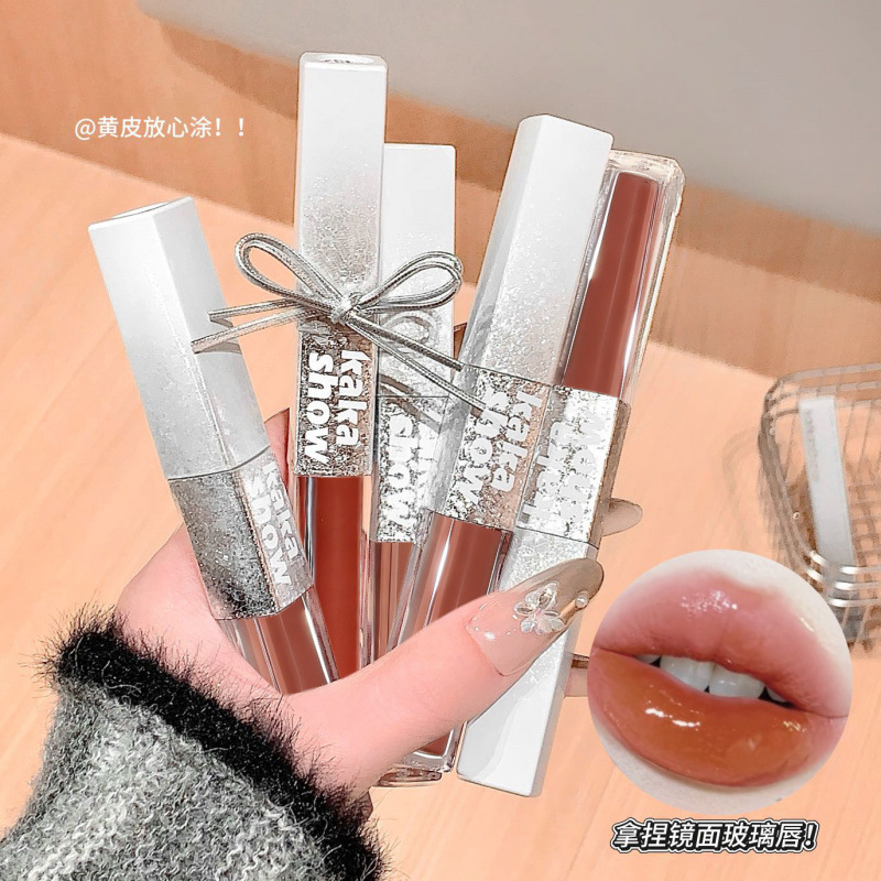 Kakashow fluye brillante doble cabeza labios brillante seda seda de desarrollo de color espejo transparente esmaltado doble efecto lápiz labial
