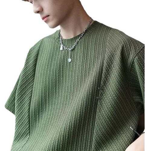 Summer Japanese-style green men's clothing high-end sense fashion loose round neck T-shirt casual knitting texture bar