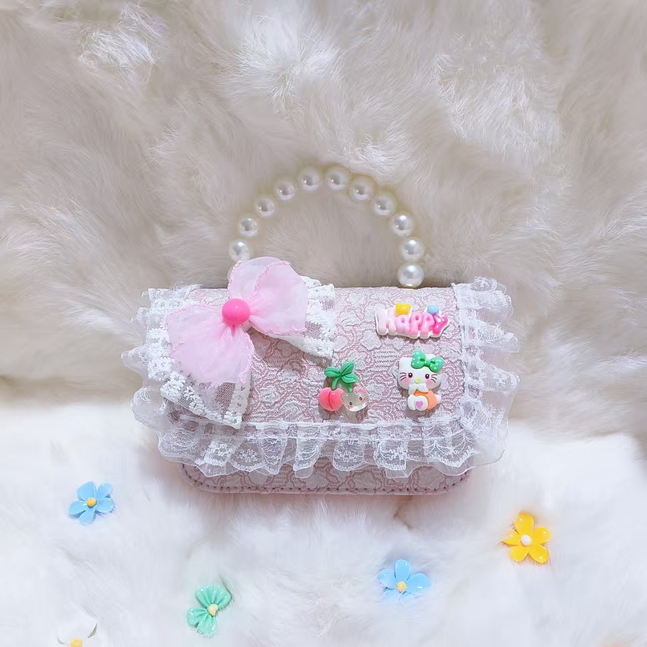 Bolsa de arco princesa de perlas portátil de hombro Melody Kulomi KT bolsa de gato para niños cadena de bolso de Año Nuevo