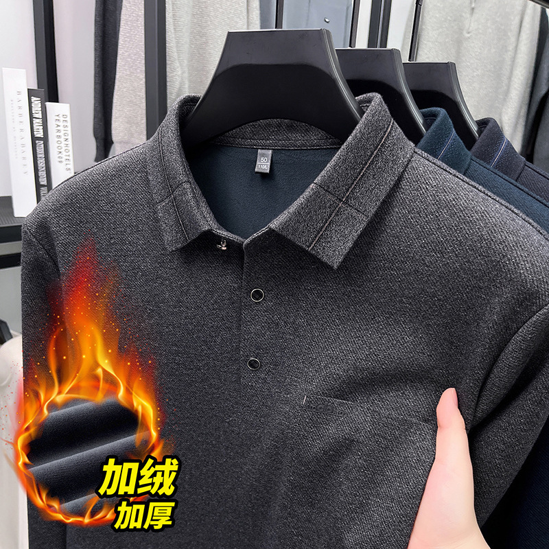 High-End Long-Sleeve Fleece-Lined Men's Winter New Thickened Warm Polo Shirt with Pockets and Turn-Down Collar