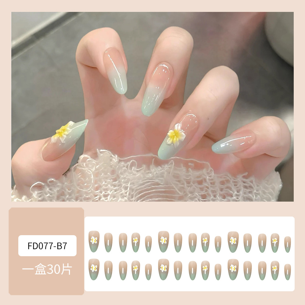 Paquete de 30 piezas de uñas de uñas 3D tridimensional parche de uñas francés azul flor amarilla en relieve armadura portátil producto terminado