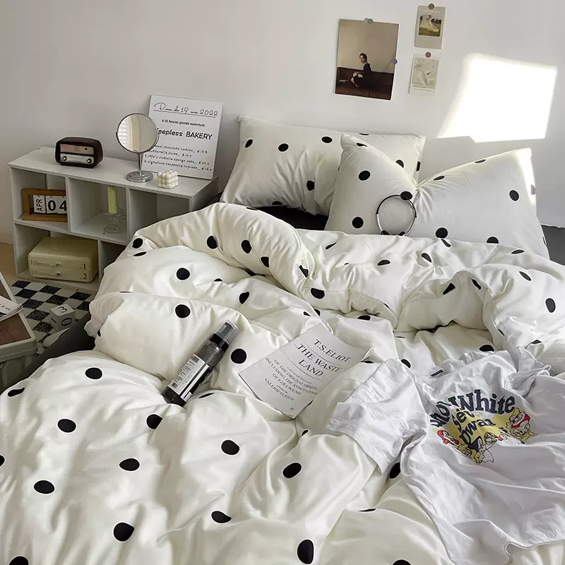 韩系简约ins奶白波点亲肤磨毛复古条纹床单笠被套1.5m1.8三四件套