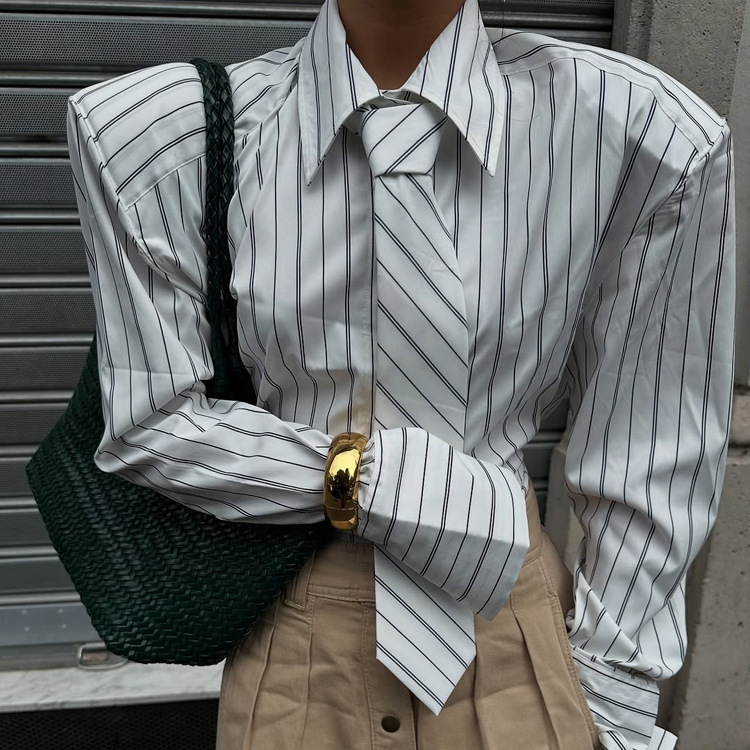 Women's High-End Commuter Style Striped Shirt 2026 New Model with Turn-Down Collar, Long Sleeves, Cardigan, and Tie Shirt Top Women's High-End Commuter Style Striped Shirt 2026 New Model with Turn-Down Collar, Long Sleeves, Cardigan, and Tie Shirt Top