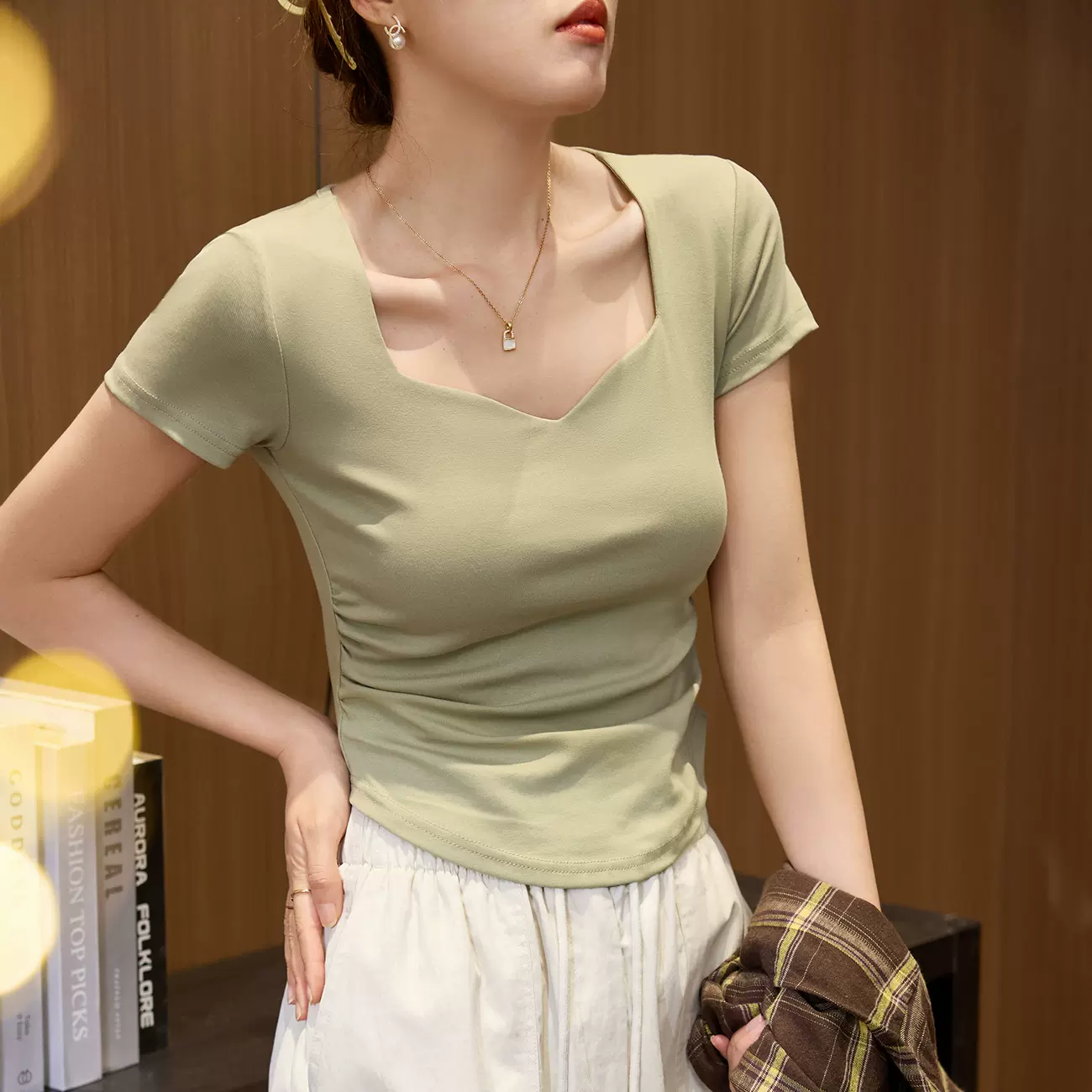 #精梳纯棉# 桃心方领短袖T恤女2025夏新款褶皱修身正肩上衣打底衫