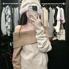 纯欲性感一字肩针织衫上衣女秋季新款显瘦百搭洋气露肩毛衣潮