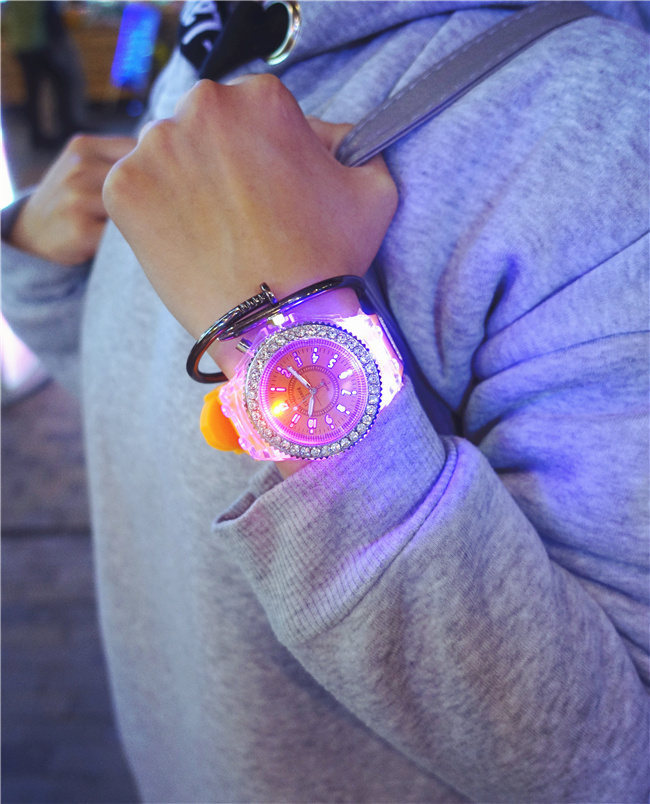 Luminous luminous personality rhinestone led Harajuku Korean fashion trend men and women students couple jelly quartz watch_voghion.com