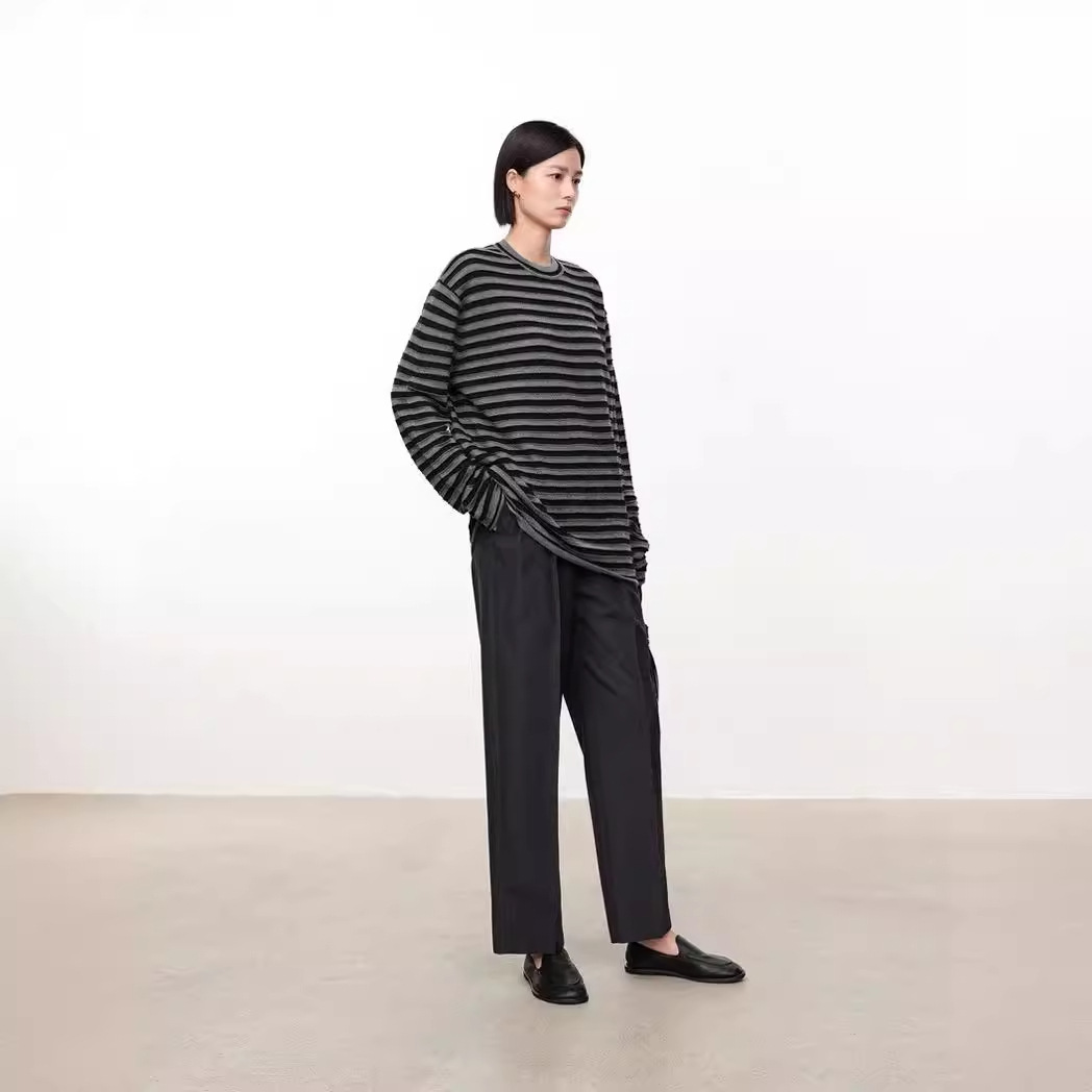 显瘦条纹肯豆风立体衫薄款圆领长袖针织衫女套头外简约百搭毛衣