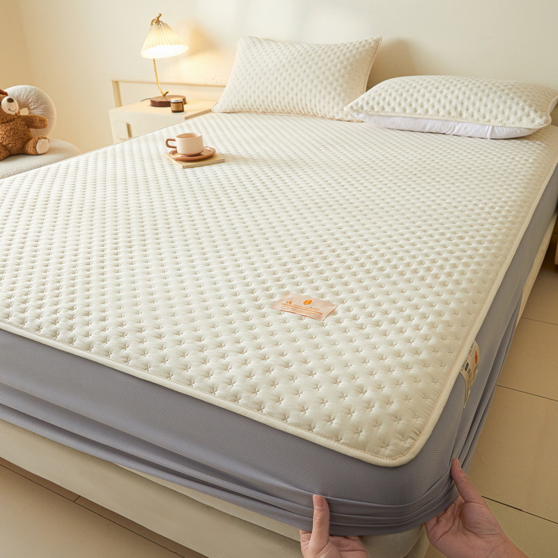 Cross-Border A-Class Thickened Washed Cotton Quilted Embossed Fitted Sheet Mattress Cover Single Piece Home Use Simmons Mattress Protector for Women