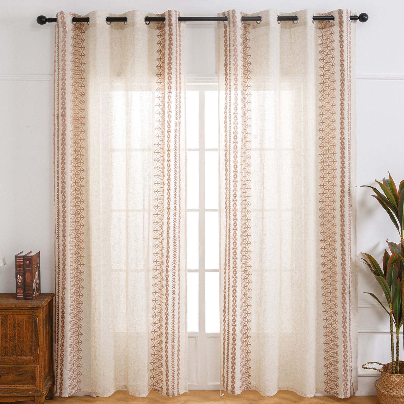 Beige linen embroidered window screen semi-shading fresh Geometric embroidered window screen bedroom kitchen living room study curtain