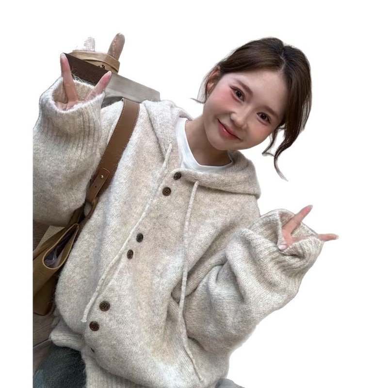秋冬の女性用フード付きセーターカーディガン、厚みのある韓国風ルーズレイジースタイルニットセータージャケット、柔らかくワックスのようなトップ|undefined