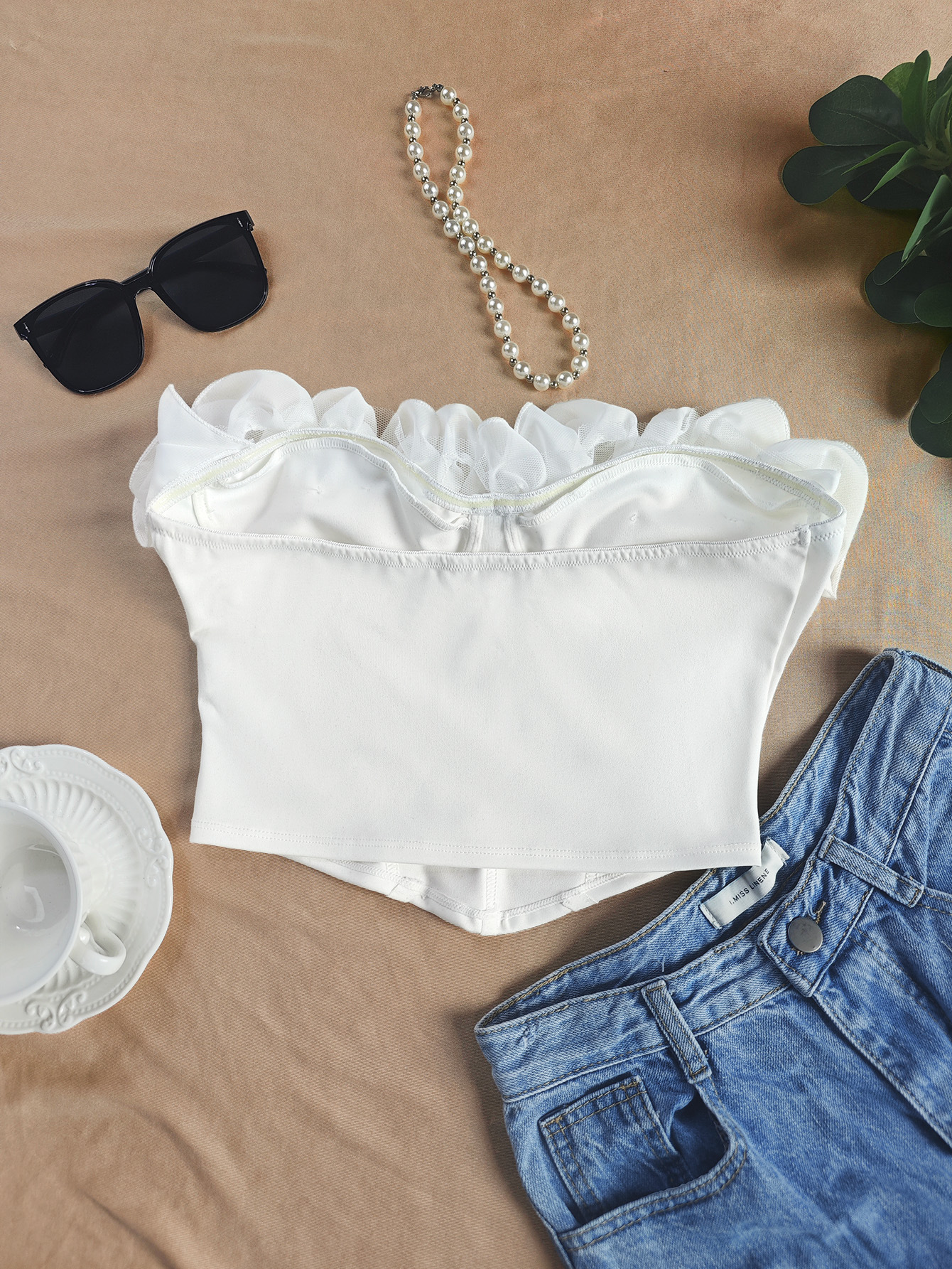Women's Strapless White Ruffled Tank Top With Petal Trim Details_voghion.com