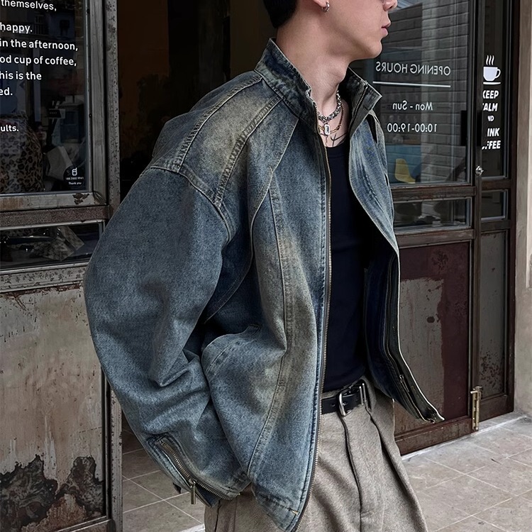 Heavyweight Deconstructed Denim Jacket for Men with a High-End, Stylish, Trendy American Retro Stand Collar Zipper Jacket Coat