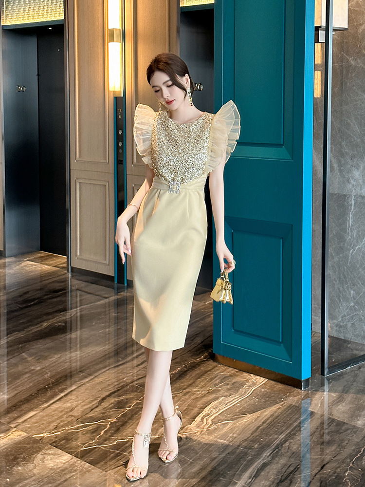 Đầm dự tiệc nữ tay bồng đính sequin ôm eo bodycon — Màu vàng kim