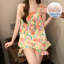 源头工厂夏季新款云朵棉带胸垫吊带睡衣少女甜美可外穿家居服套装