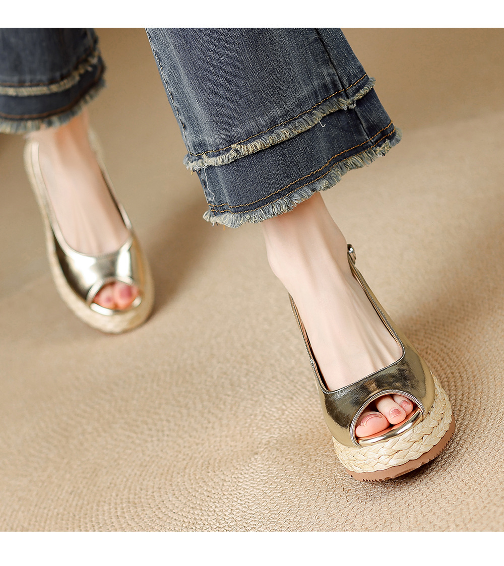 Sandal cao gót nữ mũi hở đế xuồng đan rơm — màu vàng, bạc chi tiết 7
