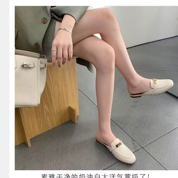 Cowhide Version~Genuine Leather Small Gold Buckle Closed-Toe Mule Slippers for Women, Summer Outdoor Flat Half-Slip Slippers, Lazy Slip-On Sandals Cowhide Version~Genuine Leather Small Gold Buckle Closed-Toe Mule Slippers for Women, Summer Outdoor Flat Half-Slip Slippers, Lazy Slip-On Sandals