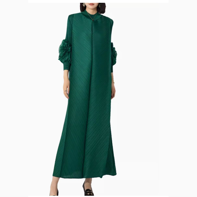 Foreign trade large petals plate flower stand collar pleated long skirt women's Miyake loose long sleeve tea break skirt dress wedding banquet