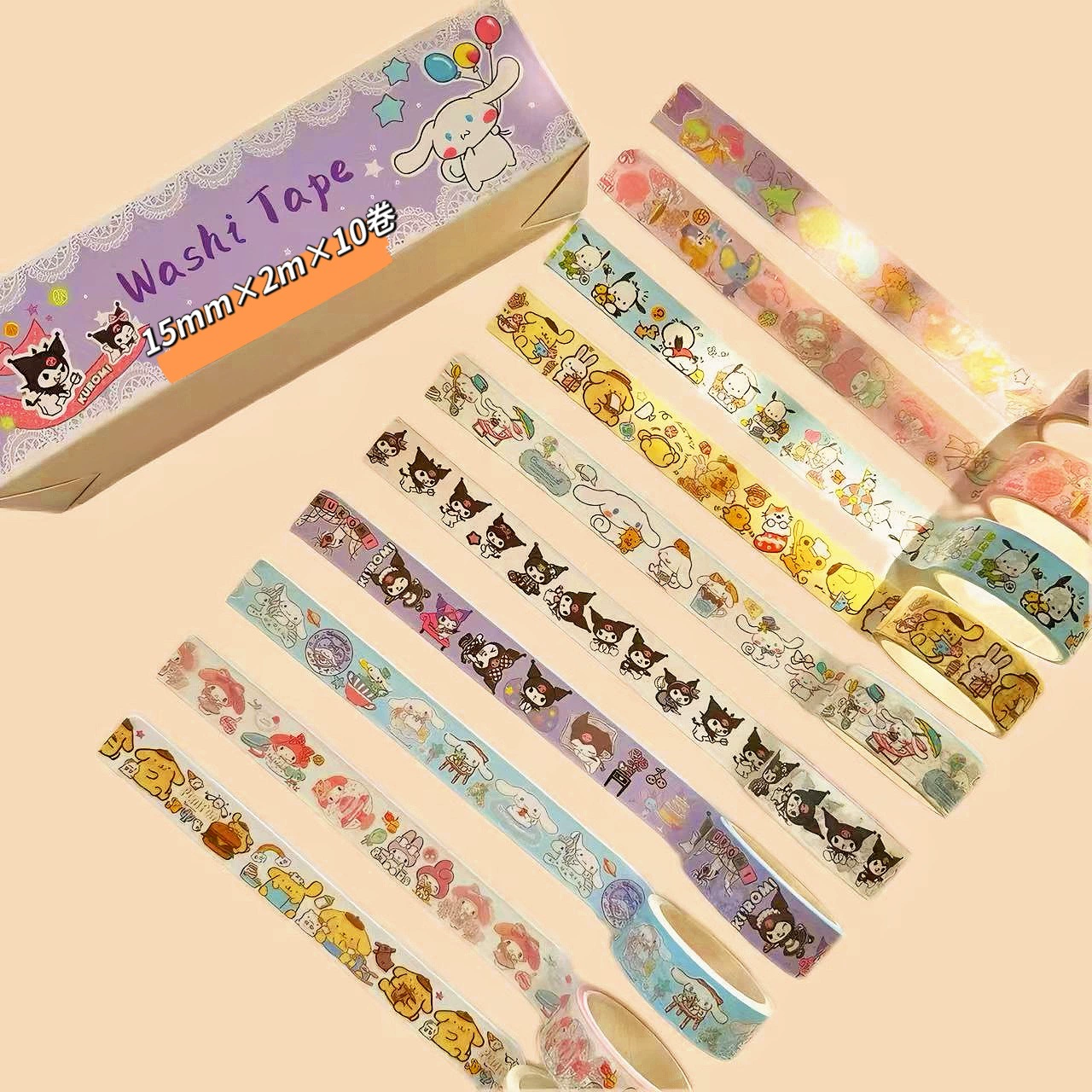 Sanrio Kapibara васи-лента 10 рулонов для личного блокнота, мультяшные наклейки Kuromi, материалы для оформления блокнота