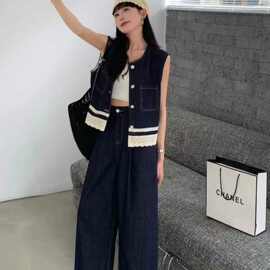 蕾丝花边牛仔短款马甲女春夏两件套装2025圆领外套水洗阔腿裤显瘦