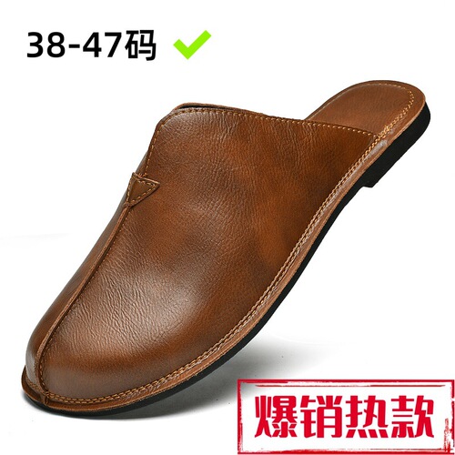 Flat-sole British-style fashion trendy leather shoes, closed-toe slippers, pig's trotter slip-ons, chunky heel 47mm mules.