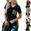 CARNEY卡妮亚马逊跨境<font red=H>女式</font>上衣 欧美豹纹印花撞色口袋V领短袖<font red=H>t</font><font red=H>恤</font>