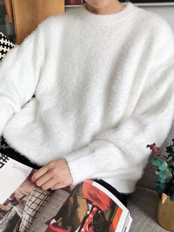 Autumn and Winter Boyfriend Style Thickened Loose Lazy Style Knitted Shirt Simple Solid Color Round Neck White Sweater Men's Korean Style Trendy