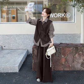 咖色复古老钱风不规则马甲套装女2026春韩系条纹衬衫阔腿裤三件套