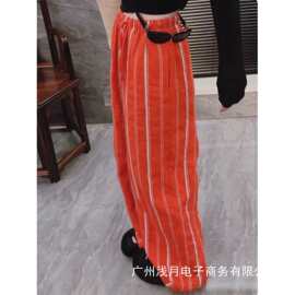 橘色亚麻条纹裤子女夏薄款海边度假松弛感高腰阔腿宽松垂感休闲裤