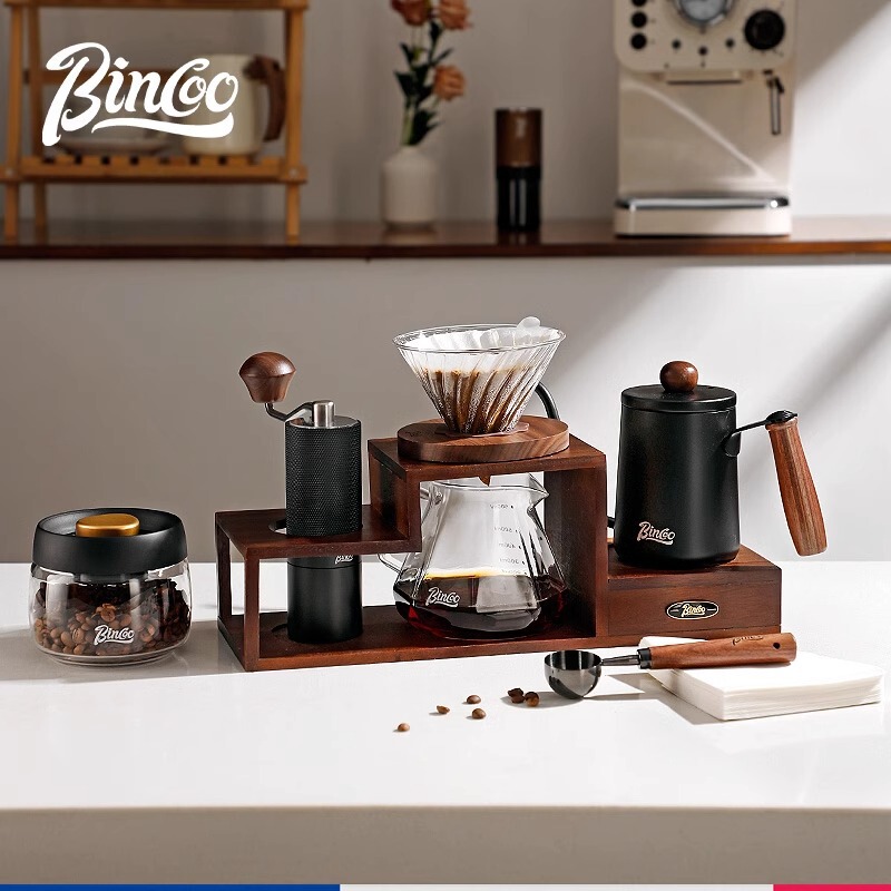 Bincoo Hand Coffee suit Hand Grinding Coffee Machine Hand Pot Glass Filter Cup Storage Household Wooden Bracket