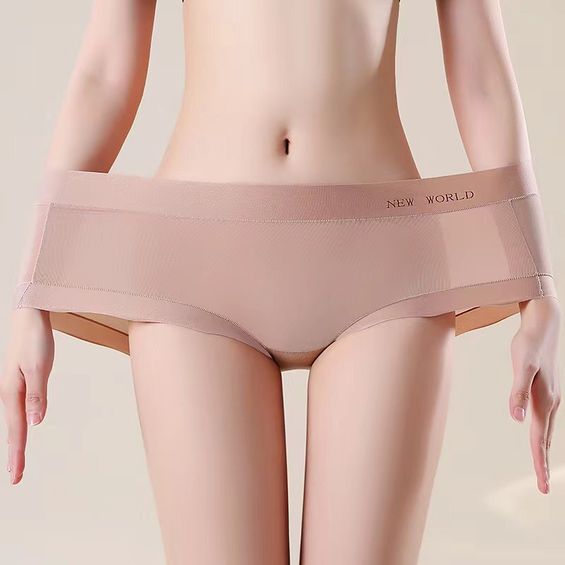 New Large Size Mid-waist Panties Women's Seamless Breathable Silk Antibacterial Crotch Size-free Naked Sexy Hip Briefs