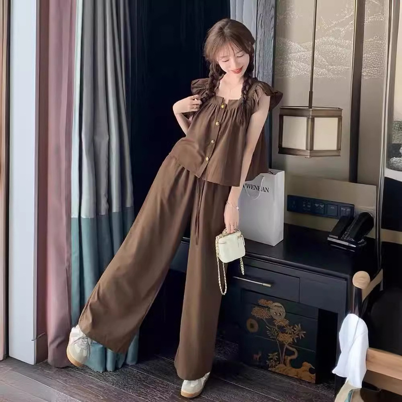 Casual Sweet Youthful Outfit for Women, Summer 2026 New Style, Small Fly Sleeve Shirt, Elegant Wide-Leg Pants Two-Piece Set