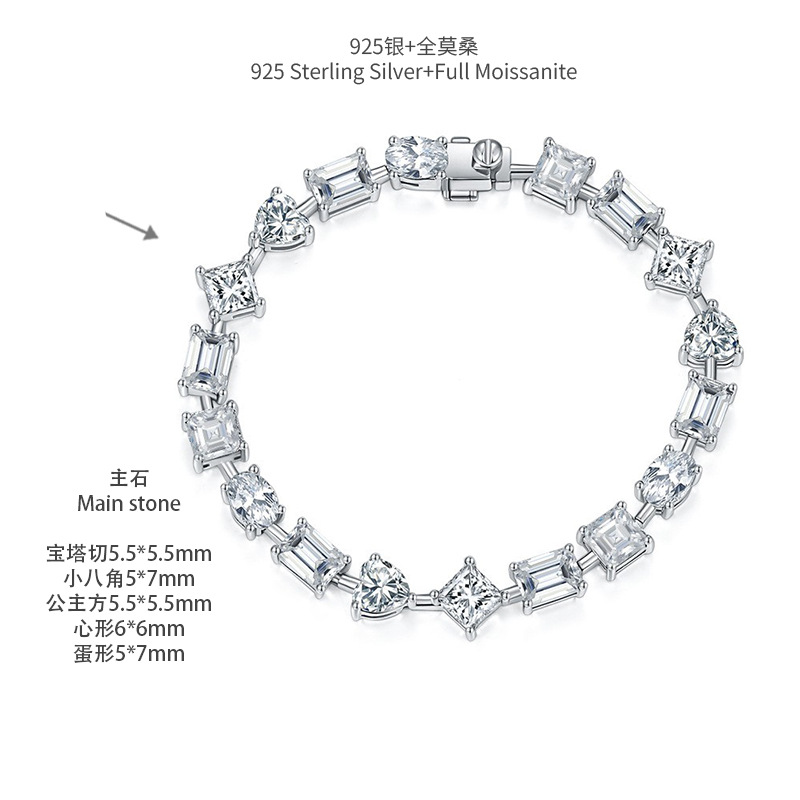 Europeo y americano transfronterizo irregular 1 quilates en forma de moissanite princesa cuadrado en forma de corazón Esmeralda corte oval 925 pulsera de plata