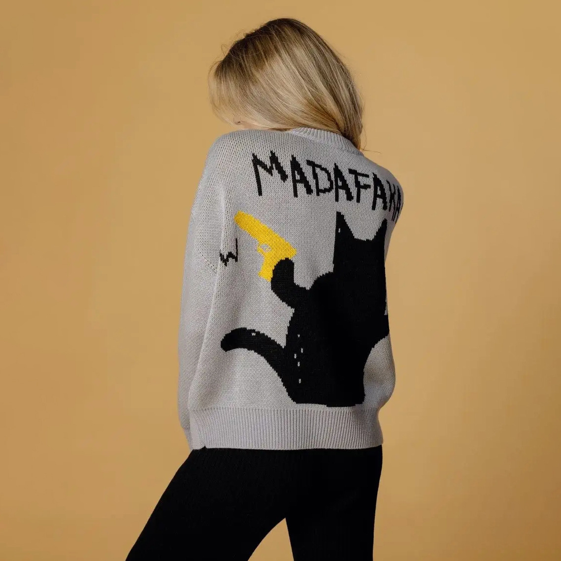 Women's Clothing retro loose pullover secret agent kitten knitted sweater trendy lazy cat yarn dyed pullover woolen top_voghion.com