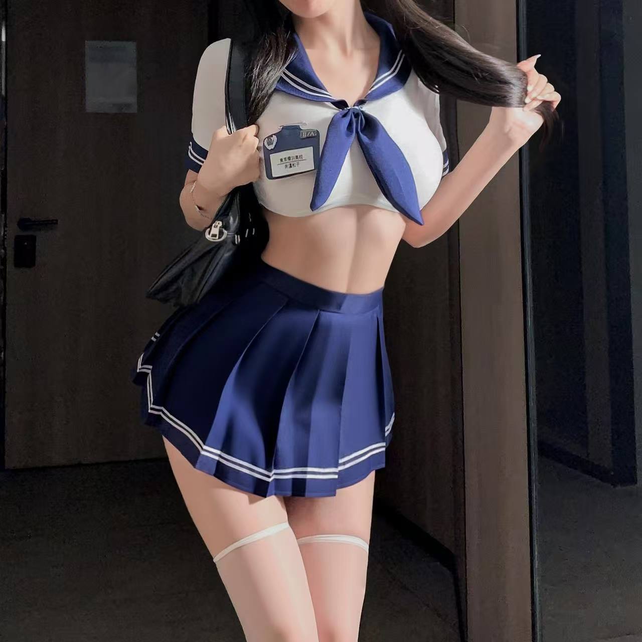 Sailor Schoolgirl Role-Play Lingerie Set with Pleated JK Skirt and White Stockings — detail image 5