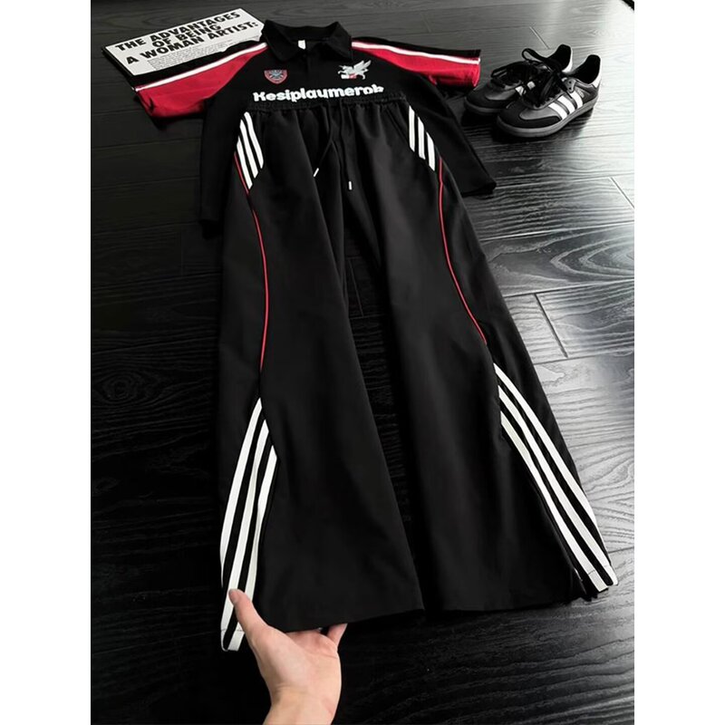 Trendy striped color-blocked men's sports casual pants with a stylish design, versatile, loose, wide-leg, drapey, elastic waist, long trousers