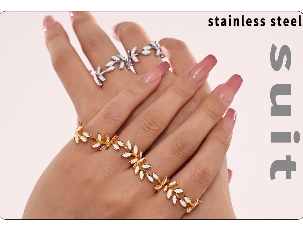 Bague carrée personnalisée en acier inoxydable PVD, motif goutte d'huile et feuille, finition sous vide, anneau ouvert._voghion.com