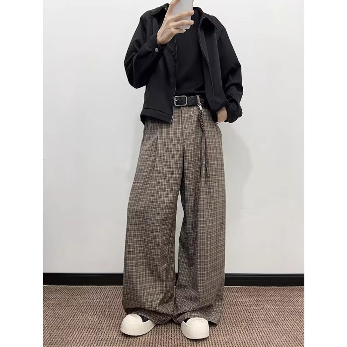 Cleanfit Gray Plaid Pants Men's Summer Thin Loose Lazy Pants American Casual Wide-Leg Straight Pants