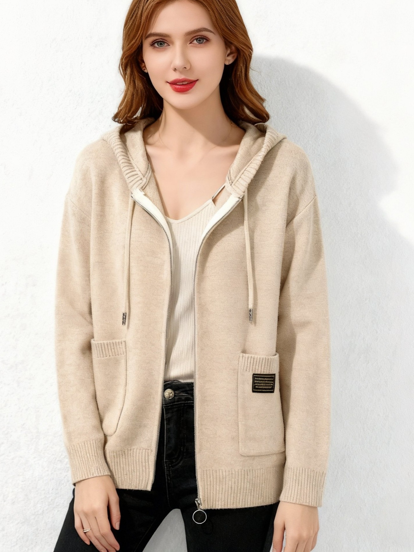 Autumn cardigan with hood with zipper
