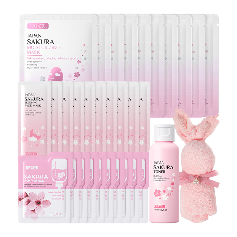 Conjunto combinado de leche de caracol y flor de cerezo LAIKOU transfronterizo, varios conjuntos, kit de productos para el cuidado de la piel de combinación libre.