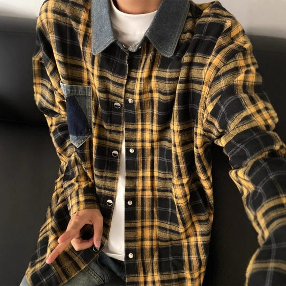 American Style Retro Long Sleeve Plaid Shirt Men's Spring and Autumn Wear Fashion Brand Couple's Stitching Denim Collar Yellow Plaid Jacket