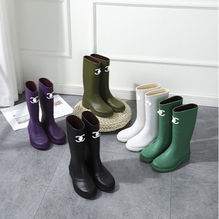 2023 Tweed Style Long Rain Boots Fashionable Waterproof Anti-Slip Knight Boots Rain Boots