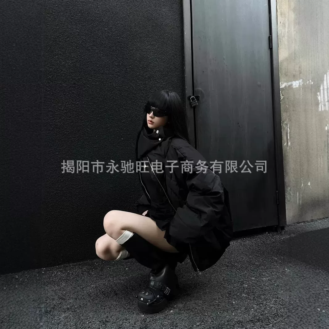 秋冬季新款个性街头立领防水压褶设计感棉衣男女宽松潮流棉服外套