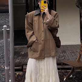 高级复古外套撞色新款设计工装翻领夹克宽松拼接秋冬上衣外穿轻薄