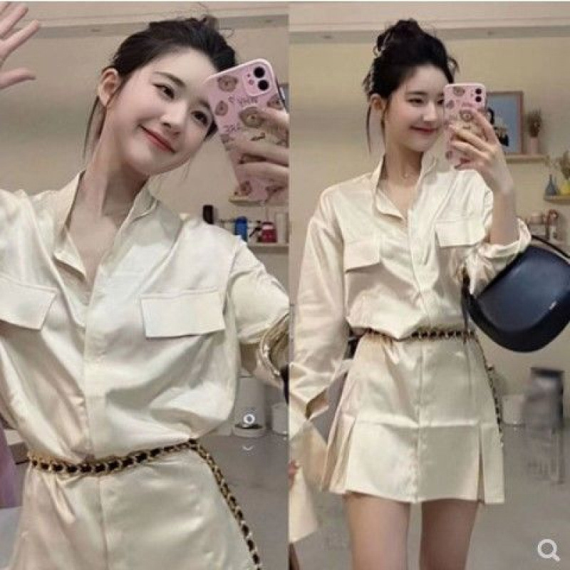 Zhao Lusi Star Fashion Simple Champagne Color Silk Satin Skirt Elegant Satin Shirt dress Zhao Lusi Star Fashion Simple Champagne Color Silk Satin Skirt Elegant Satin Shirt dress