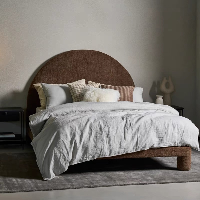 French-style antique caramel-colored lambskin double bed, Nordic cream series, internet celebrity asymmetrical light luxury bedroom princess bed