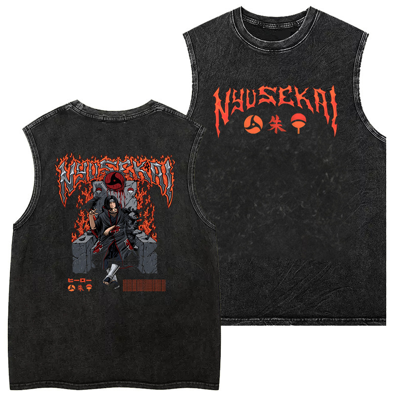 2025 New Naruto Japanese Anime Cartoon Casual Washed Batik Distressed Sleeveless Vest Loose
