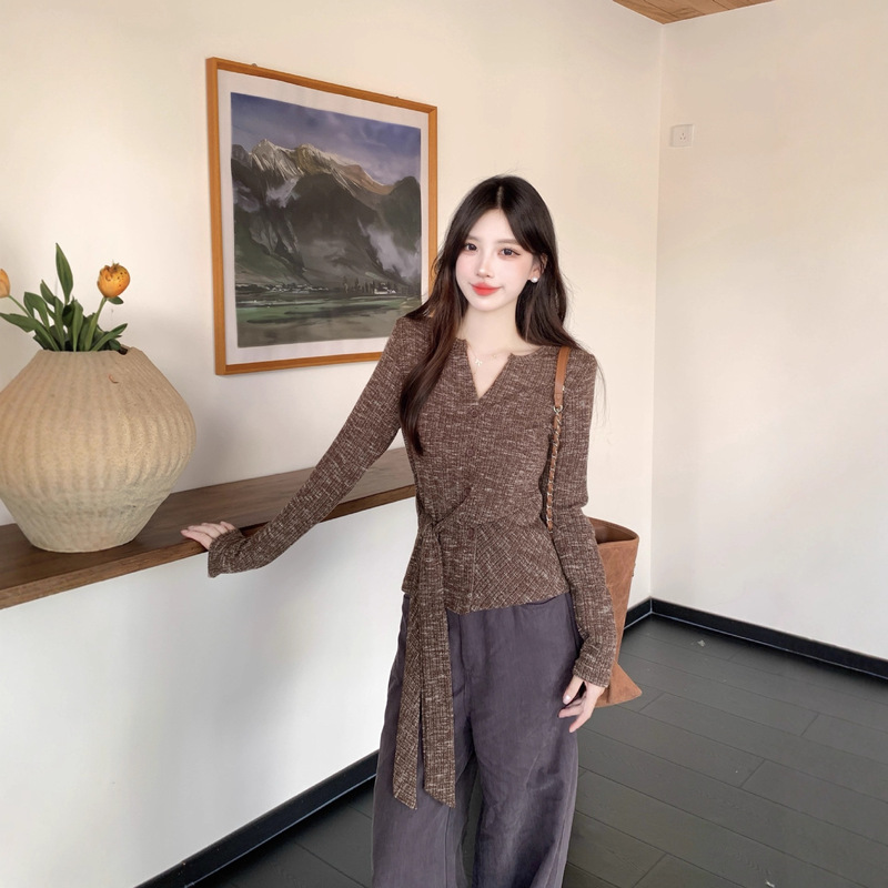 V领长袖T恤女2025早秋新款大码胖mm收腰绑带打底衫上衣|undefined