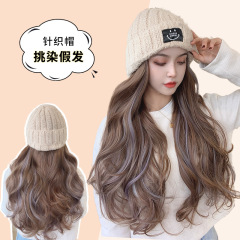 笑臉毛線帽子假髮女長發可拆卸網紅新款長捲髮然全頭套假髮套秋冬