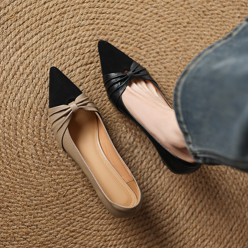 Tweed Style Pointed Toe Thin Medium Heel Color Matching High Heels Pleated Bow Goatskin Pumps Women's All Year Round Small Leather Shoes Tweed Style Pointed Toe Thin Medium Heel Color Matching High Heels Pleated Bow Goatskin Pumps Women's All Year Round Small Leather Shoes