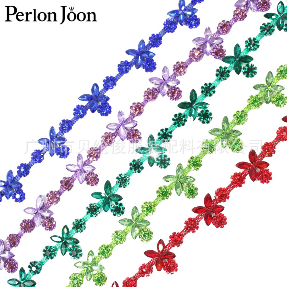 厂家直供 ML229多色花边水晶金属码链 DIY服装辅料饰边